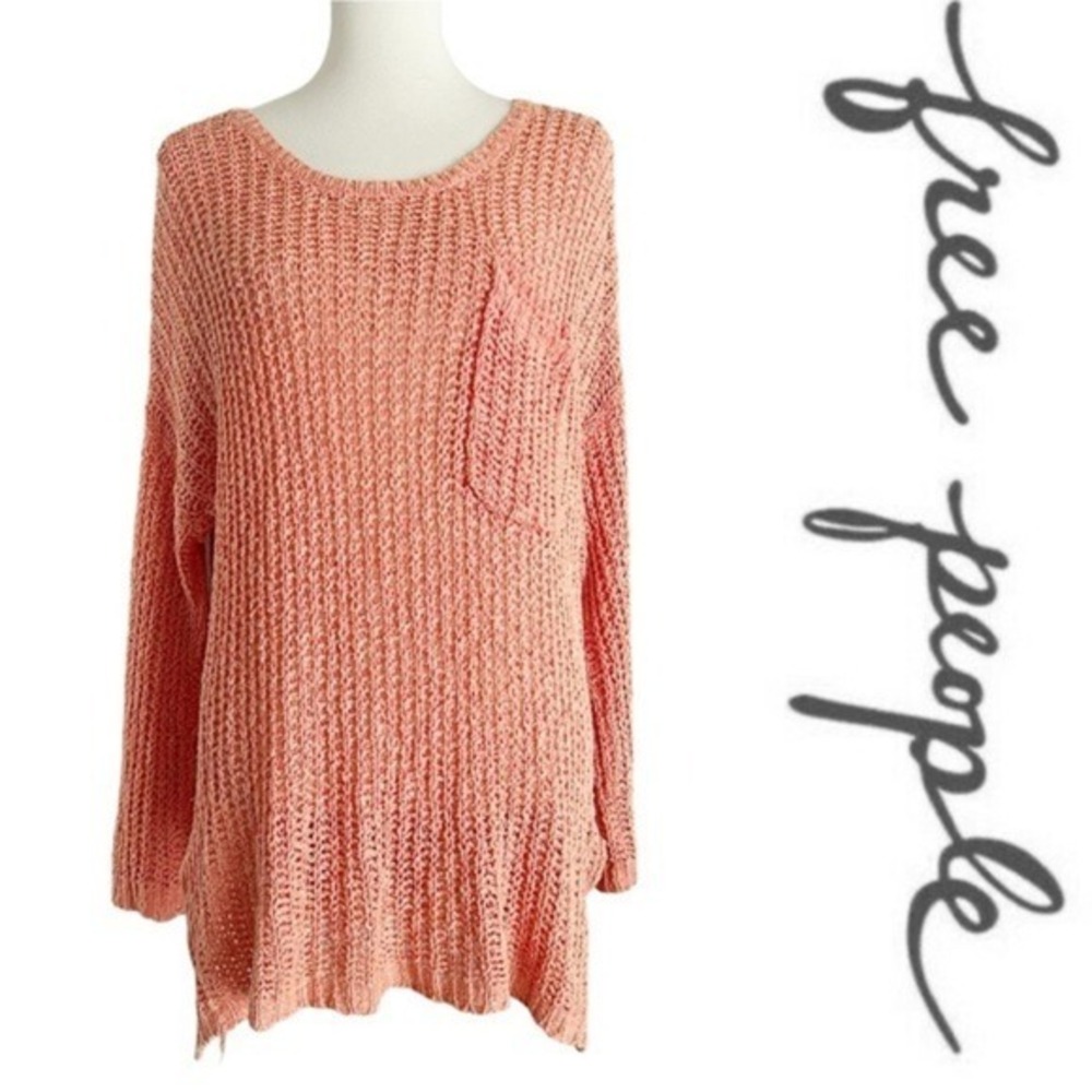 Free People Coral Pink Open Knit Cotton Sweater XS Oversized Pocket Pullover